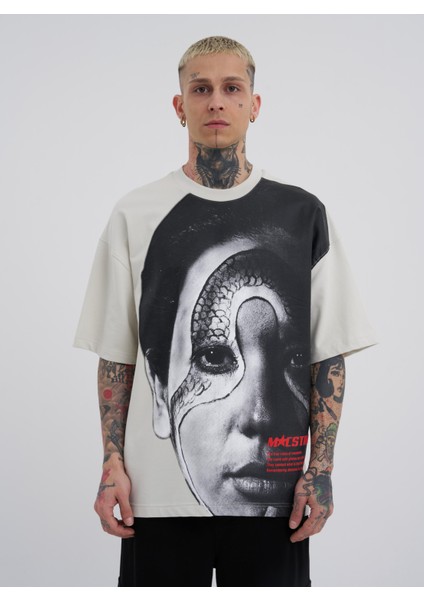 Erkek Macstar Snake Face Oversize Gri Tişört