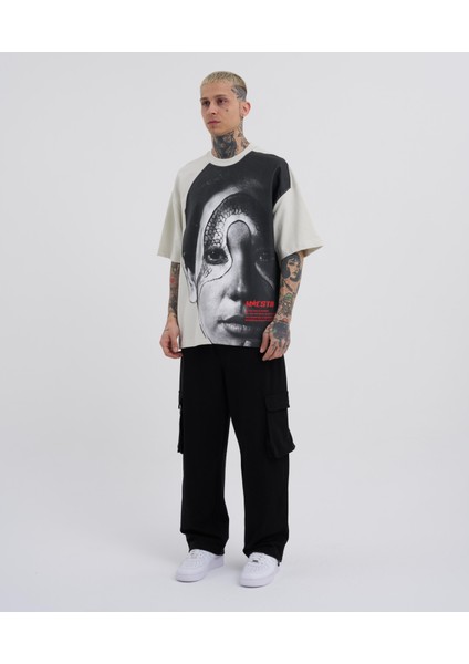 Erkek Macstar Snake Face Oversize Gri Tişört