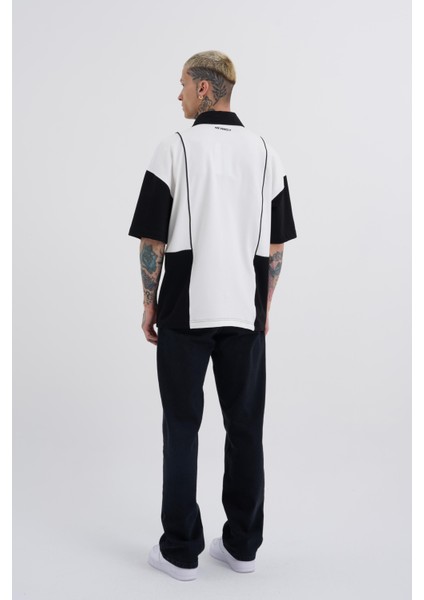 Erkek Piping And Contrast Baskılı Polo Ekru Siyah Tişört