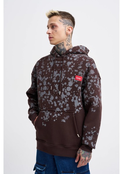 Erkek Splash Printed Koyu Kahve Hoodie