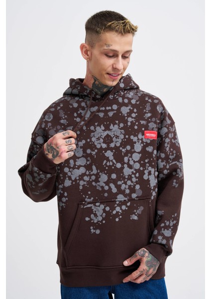 Erkek Splash Printed Koyu Kahve Hoodie