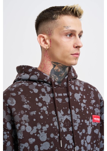 Erkek Splash Printed Koyu Kahve Hoodie