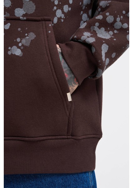 Erkek Splash Printed Koyu Kahve Hoodie