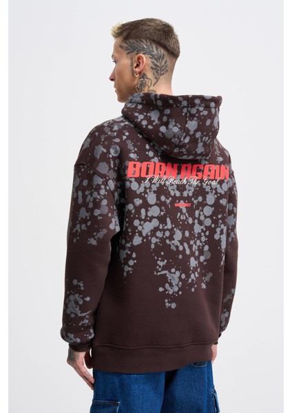 Erkek Splash Printed Koyu Kahve Hoodie