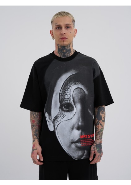 Erkek Macstar Snake Face Oversize Siyah Tişört