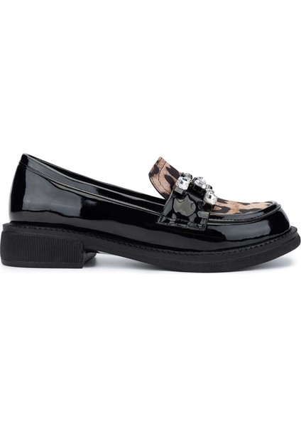 Kadın Deri Siyah Rugan/leopar Loafer Ayakkabı 1065 60-2071 Bn Ayk SK24-25 Syh Rgn/leopar