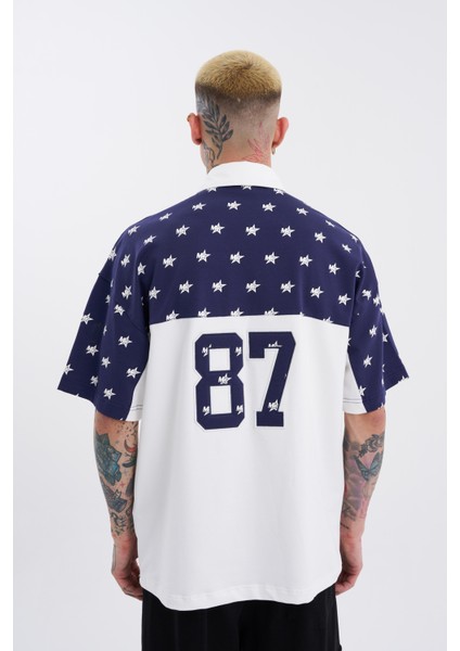 Erkek 19 Nakışlı Oversize Polo Yaka Ekru Lacivert Tişört