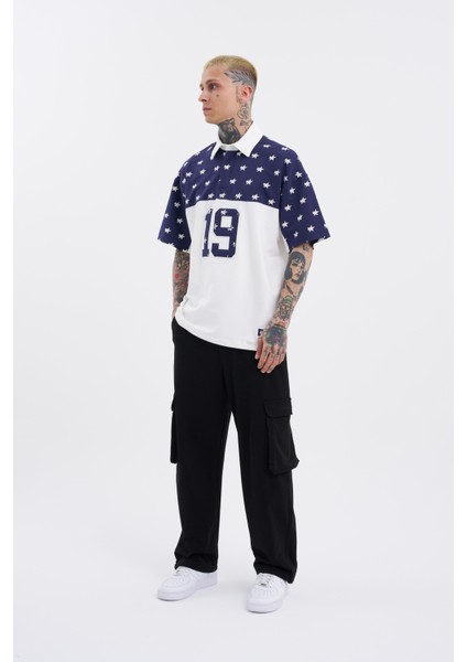 Erkek 19 Nakışlı Oversize Polo Yaka Ekru Lacivert Tişört