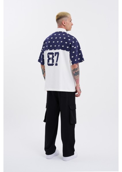 Erkek 19 Nakışlı Oversize Polo Yaka Ekru Lacivert Tişört