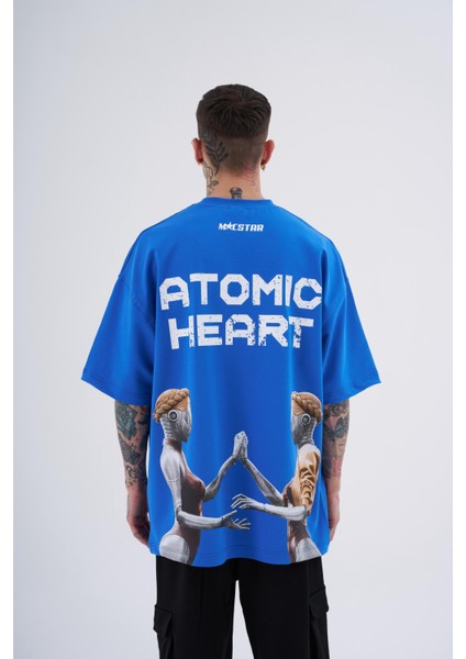 Erkek Atomic Heart Baskılı Oversize Mavi Tişört