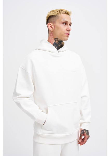 Erkek Basic Diyagonel Ekru Hoodie