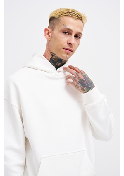 Erkek Basic Diyagonel Ekru Hoodie