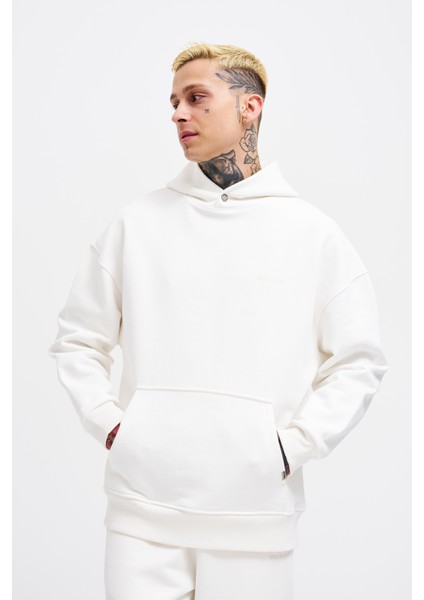 Erkek Basic Diyagonel Ekru Hoodie