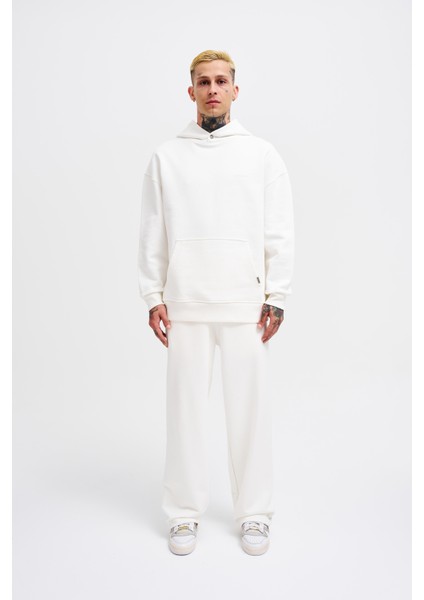 Erkek Basic Diyagonel Ekru Hoodie