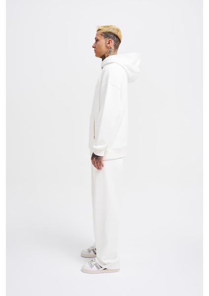 Erkek Basic Diyagonel Ekru Hoodie