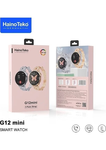 Hainoteko G12 Mini Akıllı Saat 3 Kordonlu Bayanlara Şık Tasarım Amoled Ekran Gümüş