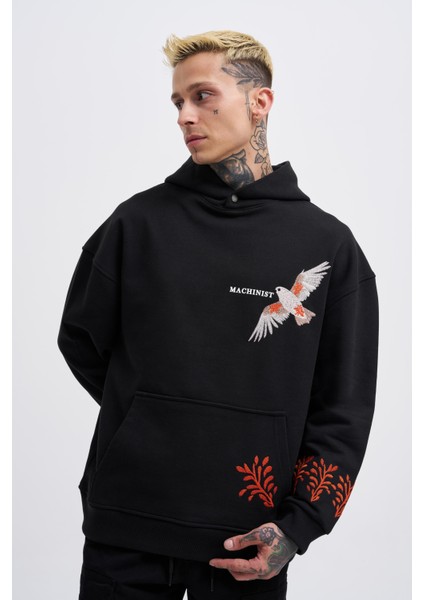 Erkek Embroidery Bird Siyah Hoodie