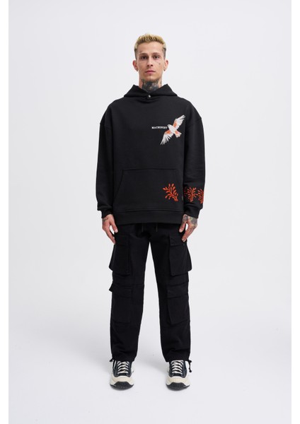 Erkek Embroidery Bird Siyah Hoodie indirimleri