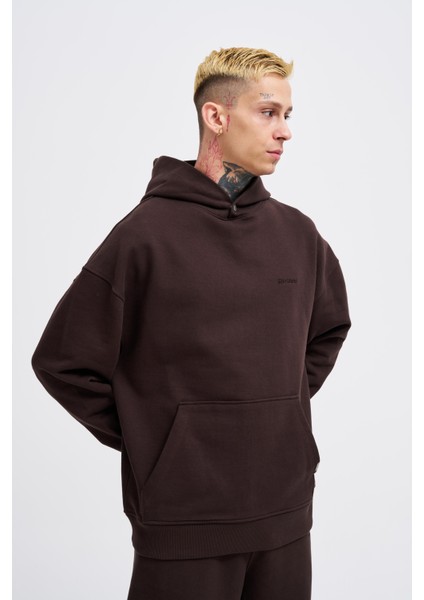 Erkek Basic Diyagonel Koyu Kahve Hoodie