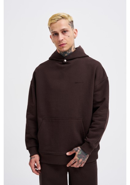 Erkek Basic Diyagonel Koyu Kahve Hoodie