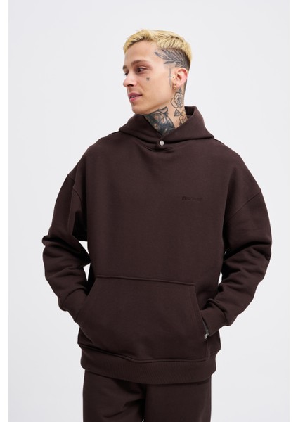 Erkek Basic Diyagonel Koyu Kahve Hoodie