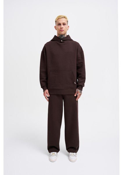 Erkek Basic Diyagonel Koyu Kahve Hoodie