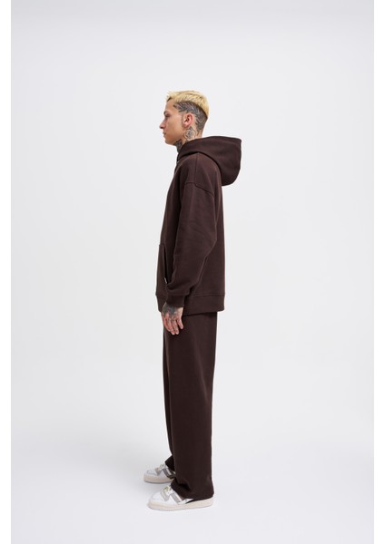 Erkek Basic Diyagonel Koyu Kahve Hoodie