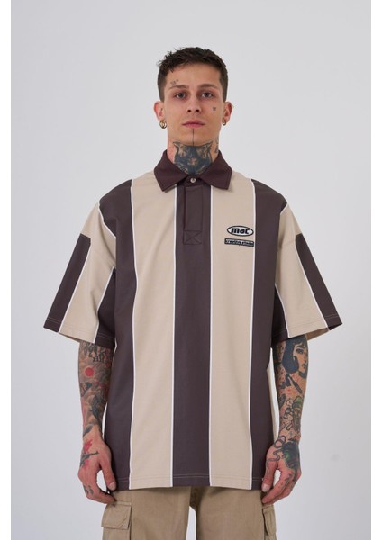 Erkek Thic Stripes Polo Yaka Bej Kahve Tişört