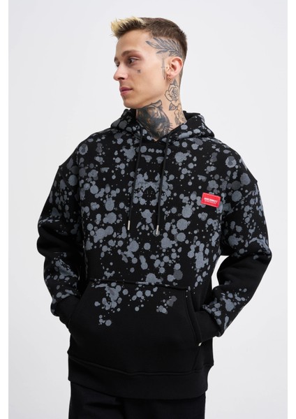 Erkek Splash Printed Siyah Hoodie