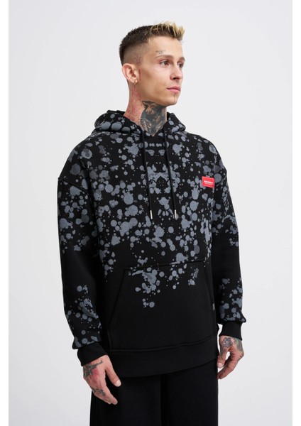 Erkek Splash Printed Siyah Hoodie