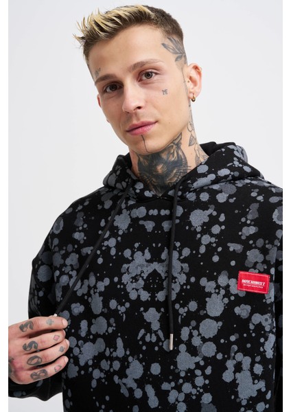 Erkek Splash Printed Siyah Hoodie