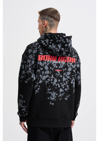 Erkek Splash Printed Siyah Hoodie