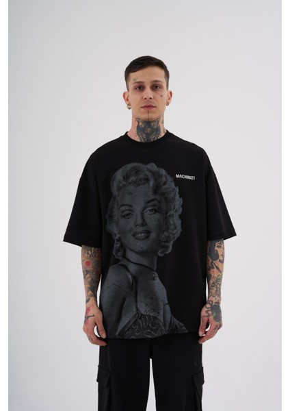 Erkek Marilyn Monrou Baskılı Oversize Siyah Tişört