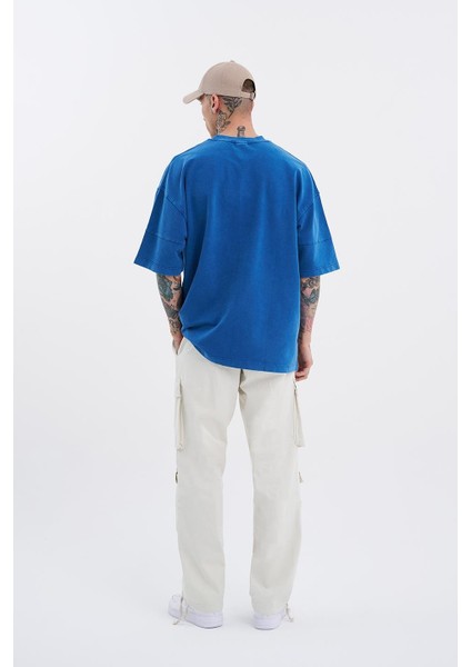Erkek Denim Pocket Yıkamalı Oversize Indigo Tişört