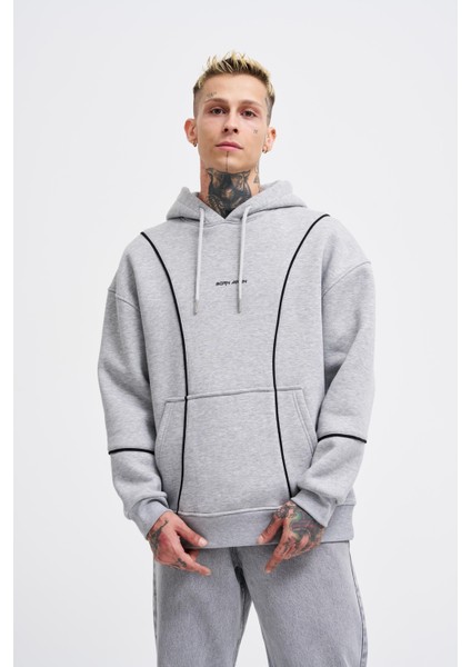 Erkek Printed And Piped Gri Melanj Hoodie