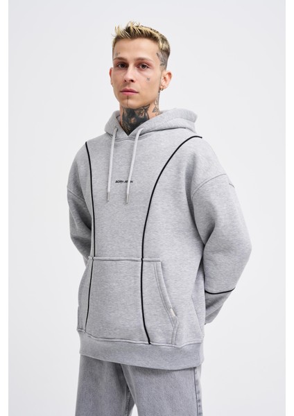 Erkek Printed And Piped Gri Melanj Hoodie