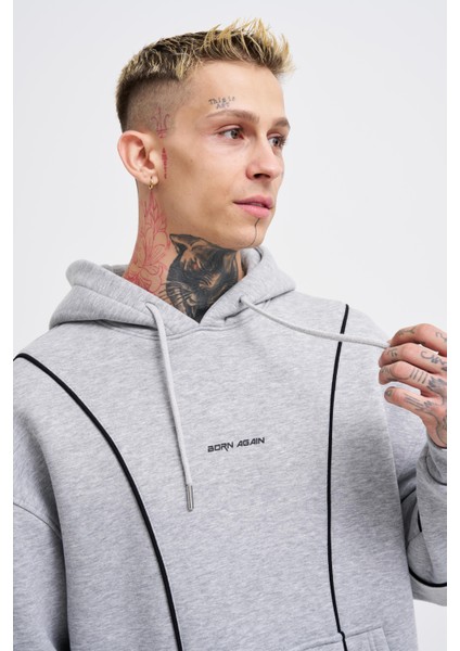 Erkek Printed And Piped Gri Melanj Hoodie