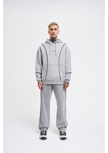 Erkek Printed And Piped Gri Melanj Hoodie