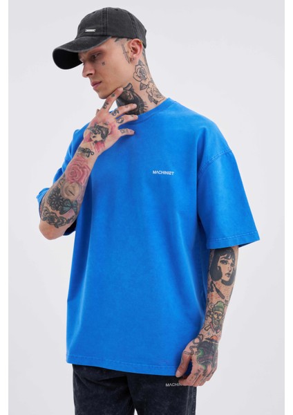 Unisex Luxury Basic Yıkamalı Oversize Mavi Spotted Tişört