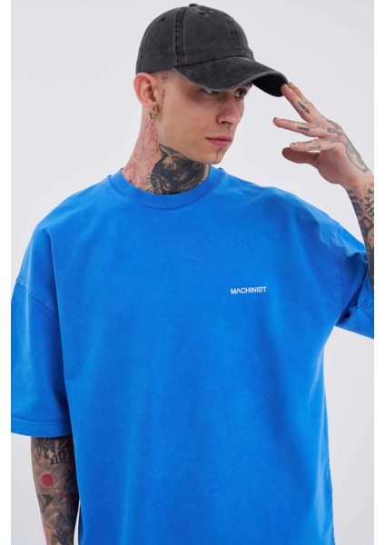 Unisex Luxury Basic Yıkamalı Oversize Mavi Spotted Tişört fiyatları