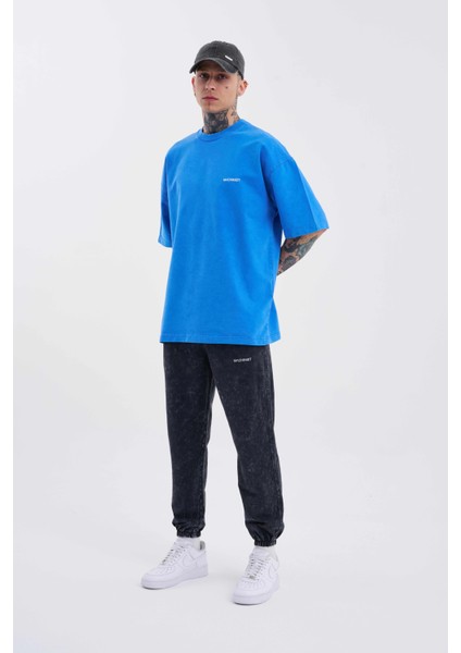 Unisex Luxury Basic Yıkamalı Oversize Mavi Spotted Tişört fırsatları