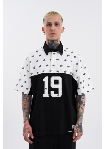 Erkek 19 Nakışlı Oversize Polo Yaka Siyah Ekru Tişört