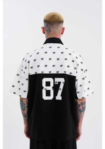 Erkek 19 Nakışlı Oversize Polo Yaka Siyah Ekru Tişört fiyatları