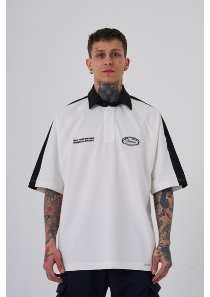 Erkek Reglan Contrast Oversize Ekru Polo Yaka Tişört