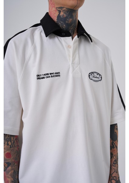 Erkek Reglan Contrast Oversize Ekru Polo Yaka Tişört