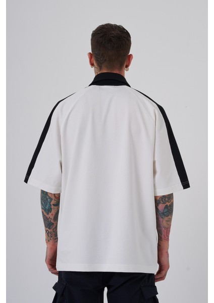 Erkek Reglan Contrast Oversize Ekru Polo Yaka Tişört