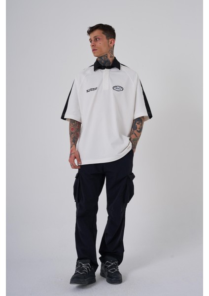 Erkek Reglan Contrast Oversize Ekru Polo Yaka Tişört