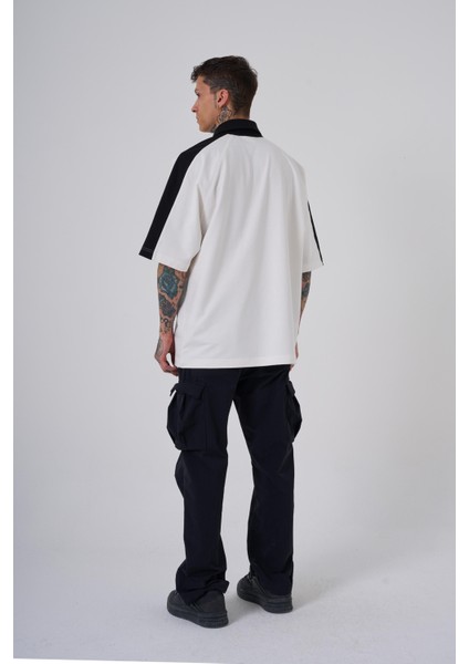 Erkek Reglan Contrast Oversize Ekru Polo Yaka Tişört