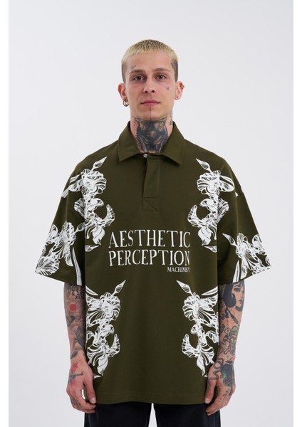 Erkek Aesthetic Flower Baskılı Haki Polo Yaka Tişört