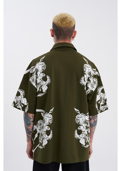 Erkek Aesthetic Flower Baskılı Haki Polo Yaka Tişört
